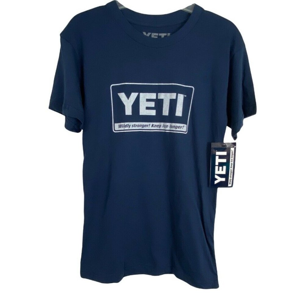Yeti Mens Tee Shirt Size Small Blue Short Sleeve Ice Chest Cooler Shirt NEW